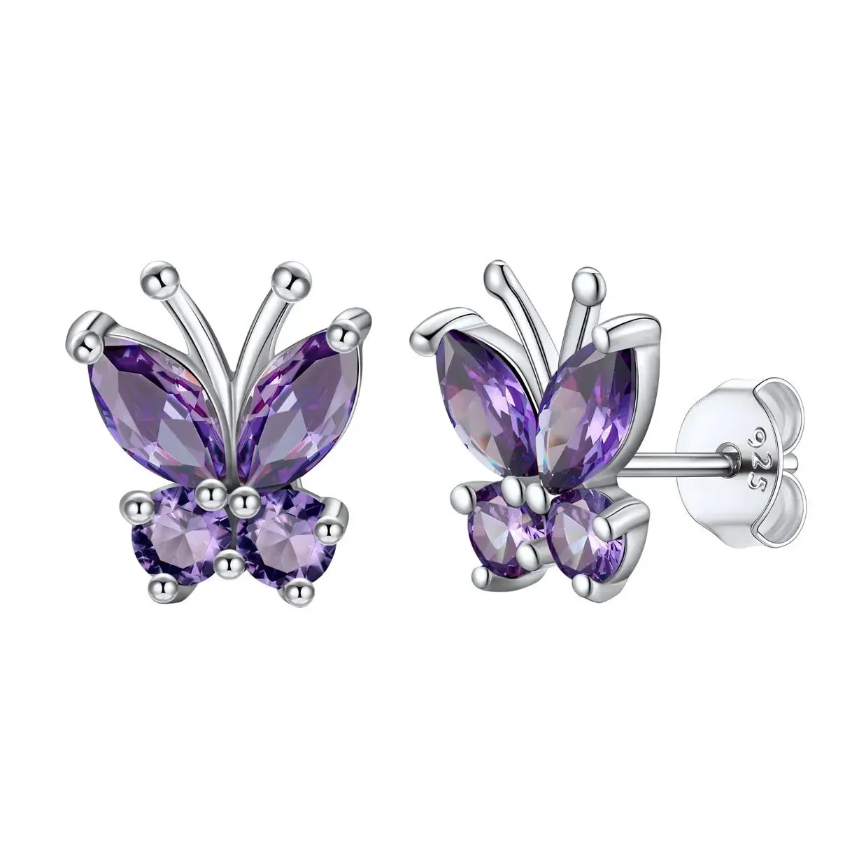 Boucles d'Oreilles Clous en Argent Sterling 925 avec Pierre de Naissance et Papillon pour Femmes Février