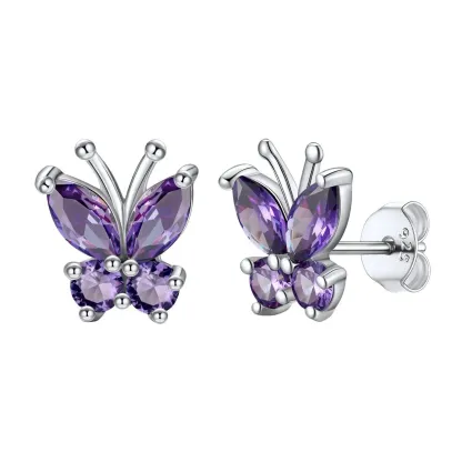 Boucles d'Oreilles Clous en Argent Sterling 925 avec Pierre de Naissance et Papillon pour Femmes Février