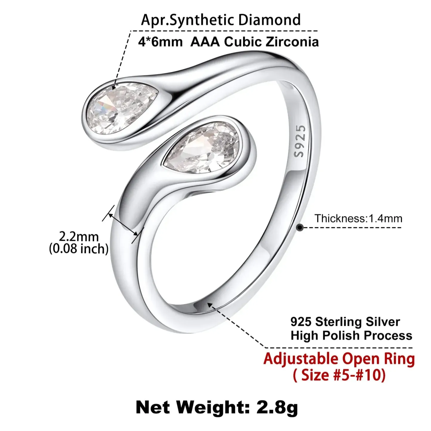 Bague Ajustable en Argent Sterling avec Pierre de Naissance pour Femme Taille