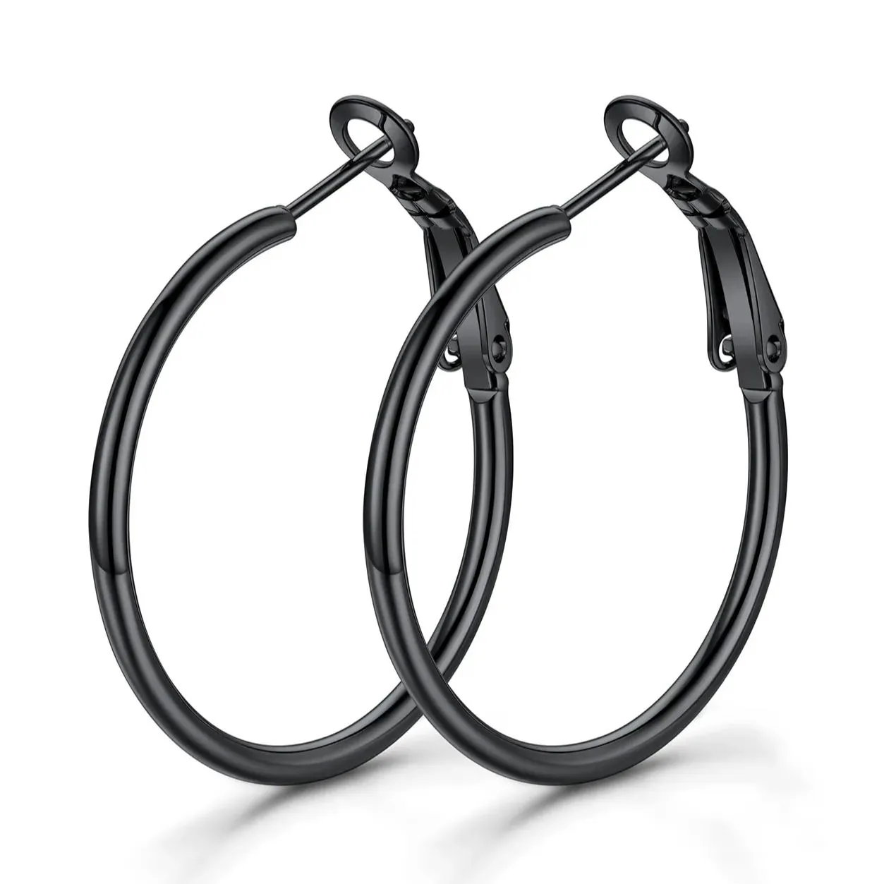 Boucles d'Oreilles Créoles Rondes en Acier Inoxydable pour Femmes Noir 30 mm