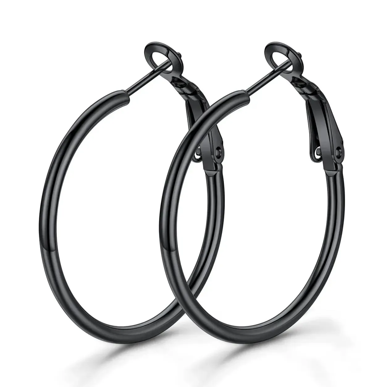 Boucles d'Oreilles Créoles Rondes en Acier Inoxydable pour Femmes Noir 30 mm
