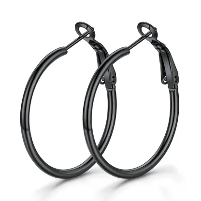 Boucles d'Oreilles Créoles Rondes en Acier Inoxydable pour Femmes Noir 30 mm