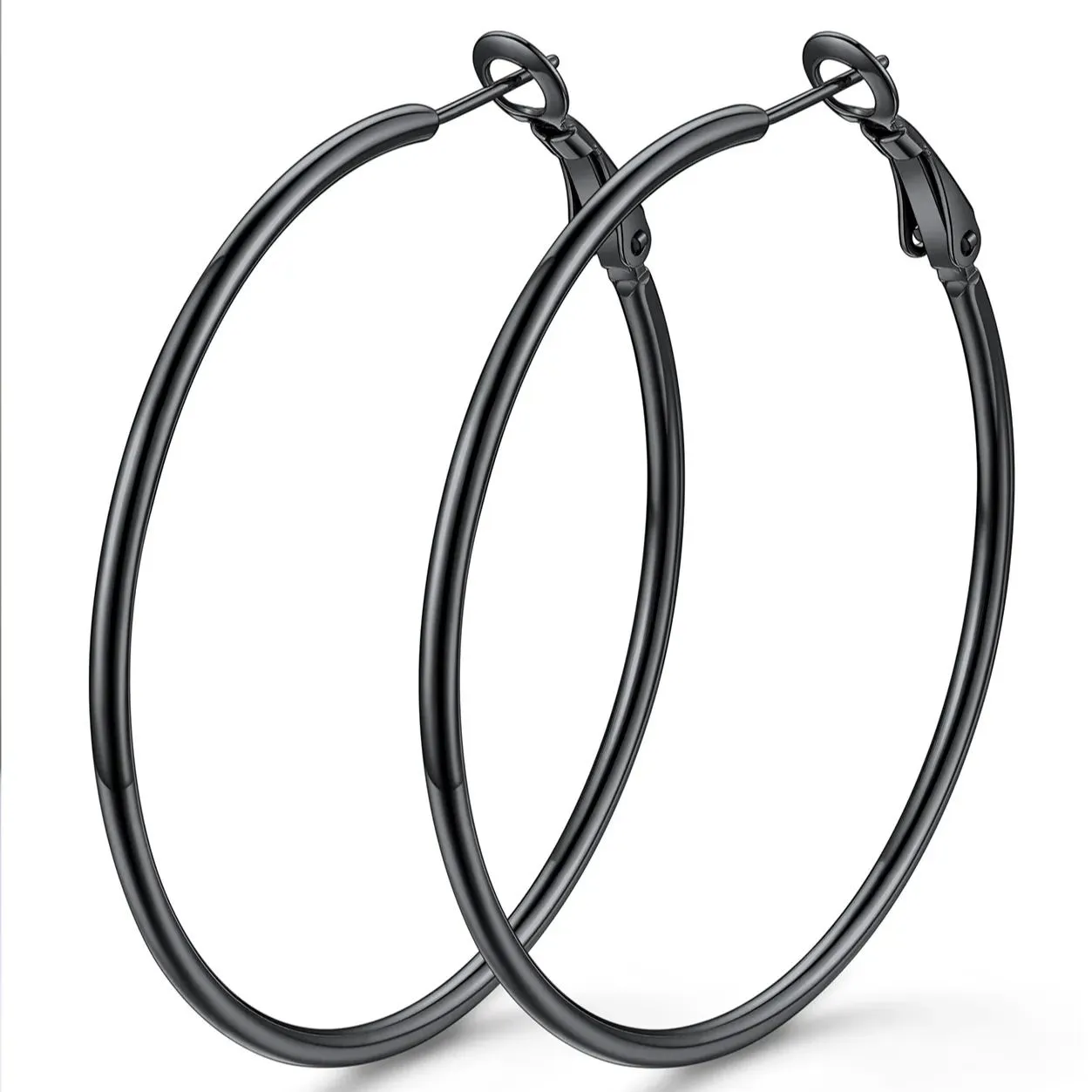 Boucles d'Oreilles Créoles Rondes en Acier Inoxydable pour Femmes Noir 50 mm
