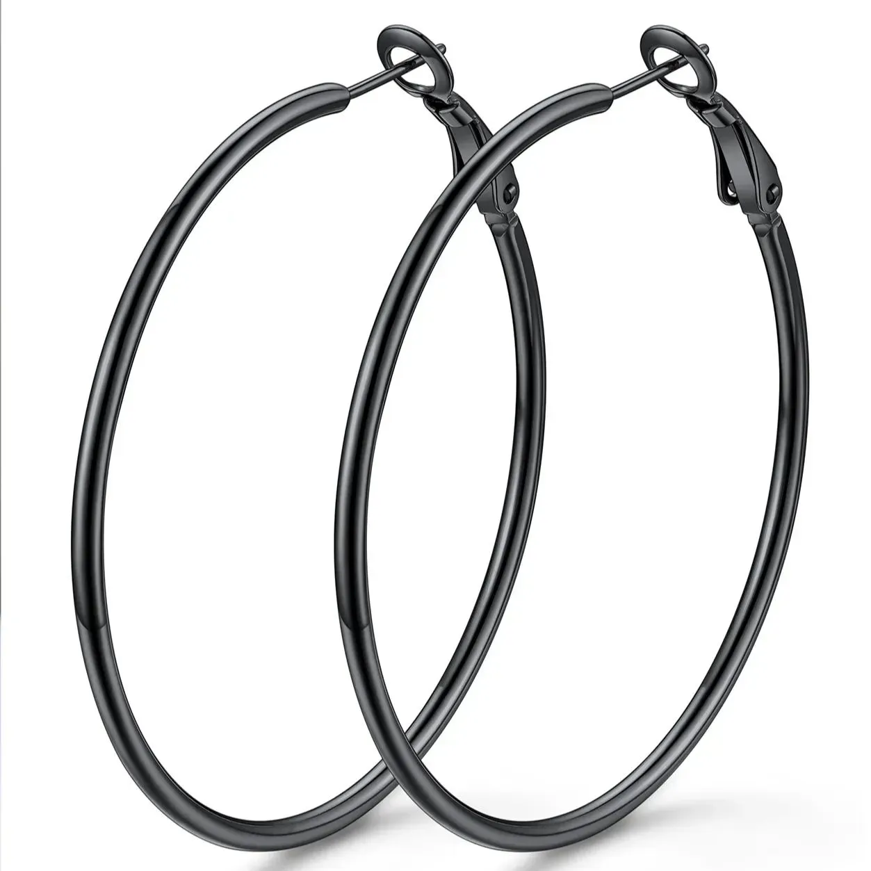 Boucles d'Oreilles Créoles Rondes en Acier Inoxydable pour Femmes Noir 50 mm