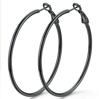 Boucles d'Oreilles Créoles Rondes en Acier Inoxydable pour Femmes Noir 50 mm