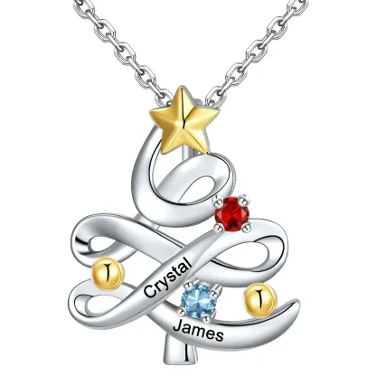 Collier Pendentif Arbre de Noël Personnalisé avec 2 Pierres de Naissance 