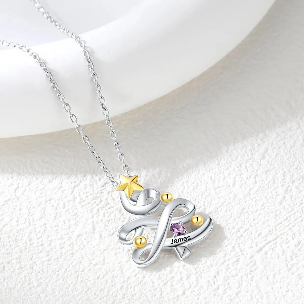 Collier Pendentif Arbre de Noël Personnalisé avec Pierre de Naissance 1 prenom