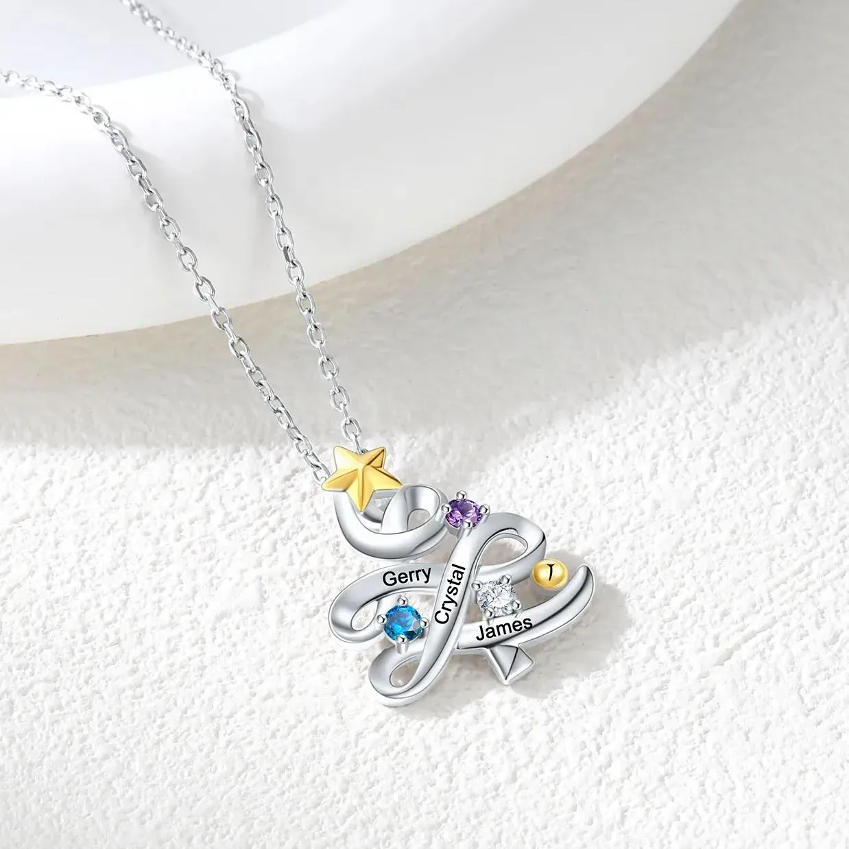 Collier Pendentif Arbre de Noël Personnalisé avec Pierre de Naissance 3 prenoms