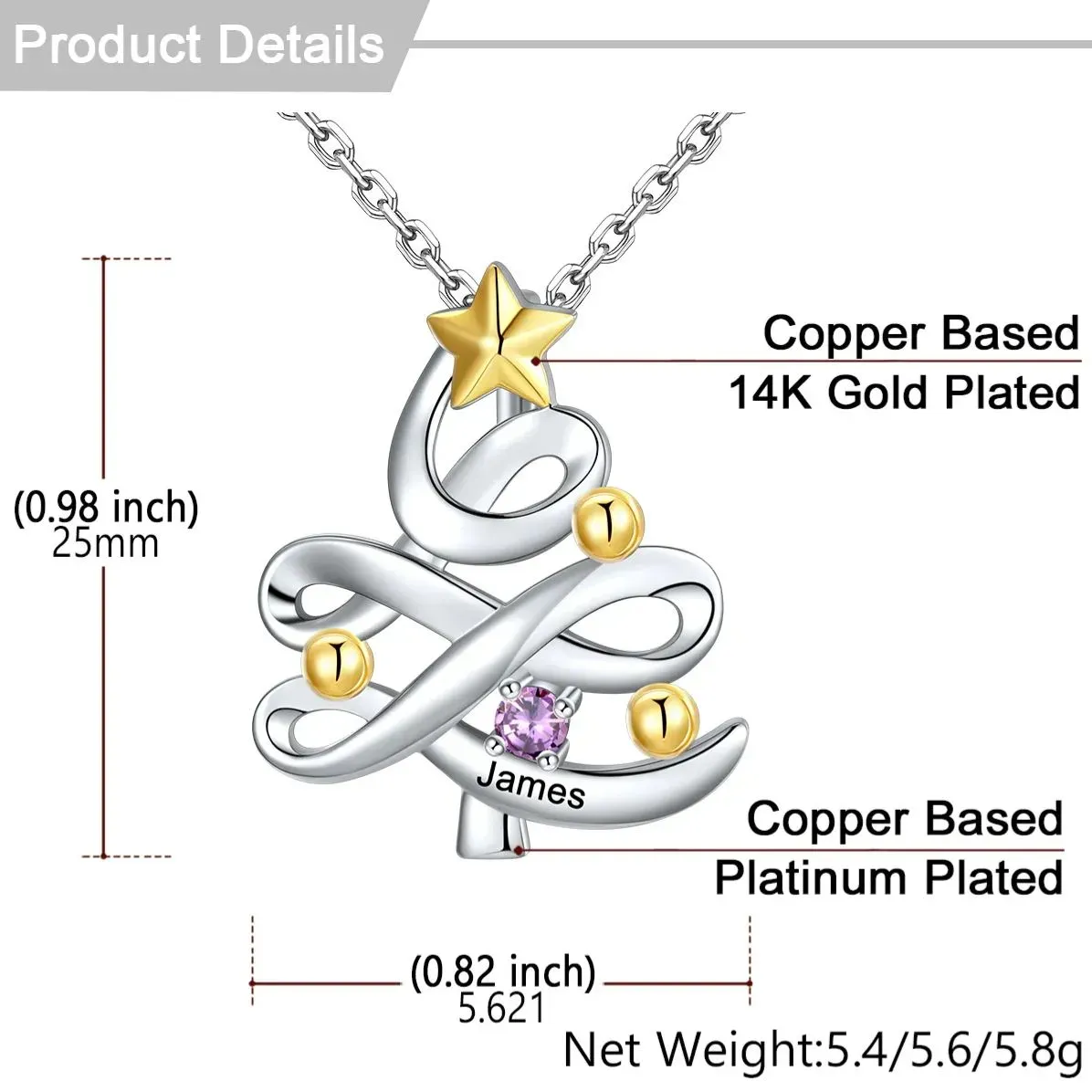 Collier Pendentif Arbre de Noël Personnalisé avec Pierre de Naissance Taille