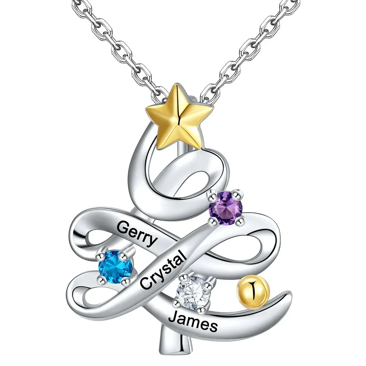 Collier Pendentif Arbre de Noël Personnalisé avec 3 Pierres de Naissance