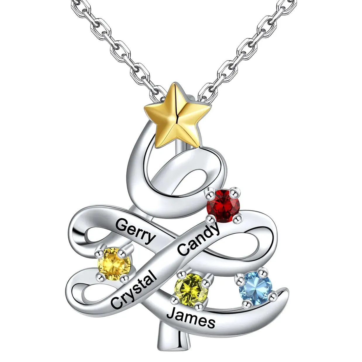 Collier Pendentif Arbre de Noël Personnalisé avec 4 Pierres de Naissance