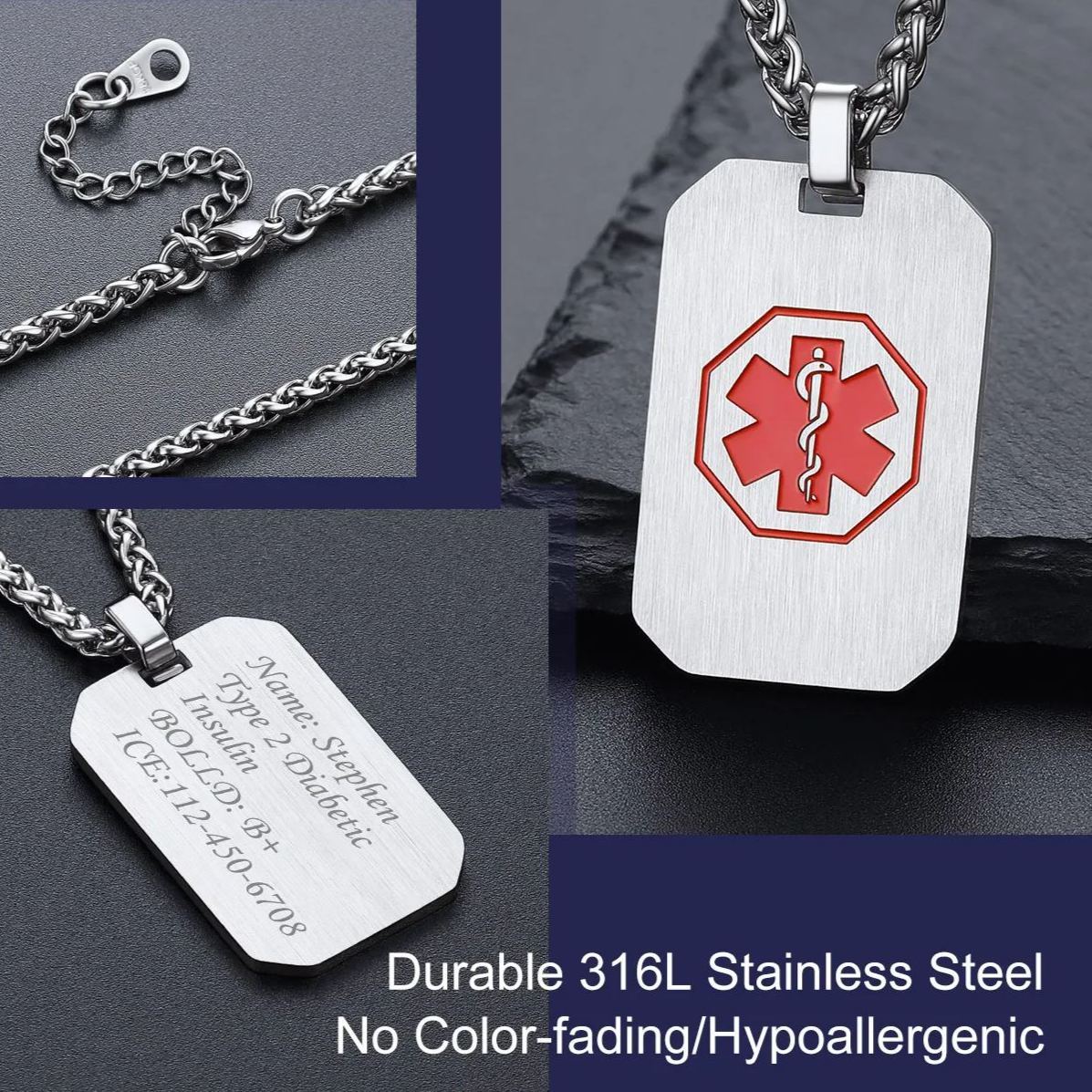 Collier Médical Personnalisé avec Gravure ID d'Urgence en Acier Inoxydable Médaille