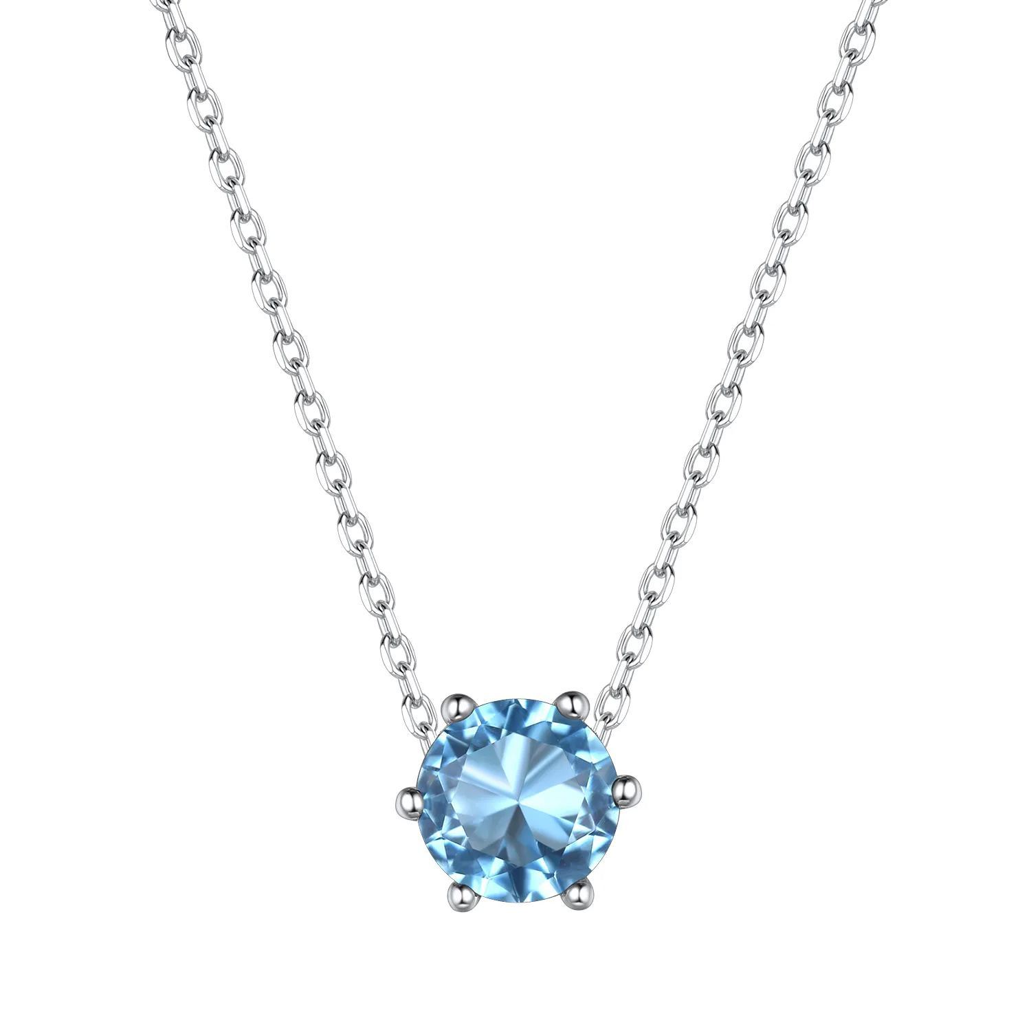 Collier Pendentif avec Pierre de Naissance Créée en Argent Sterling et Coupe Ronde Mars-Aiguemarine