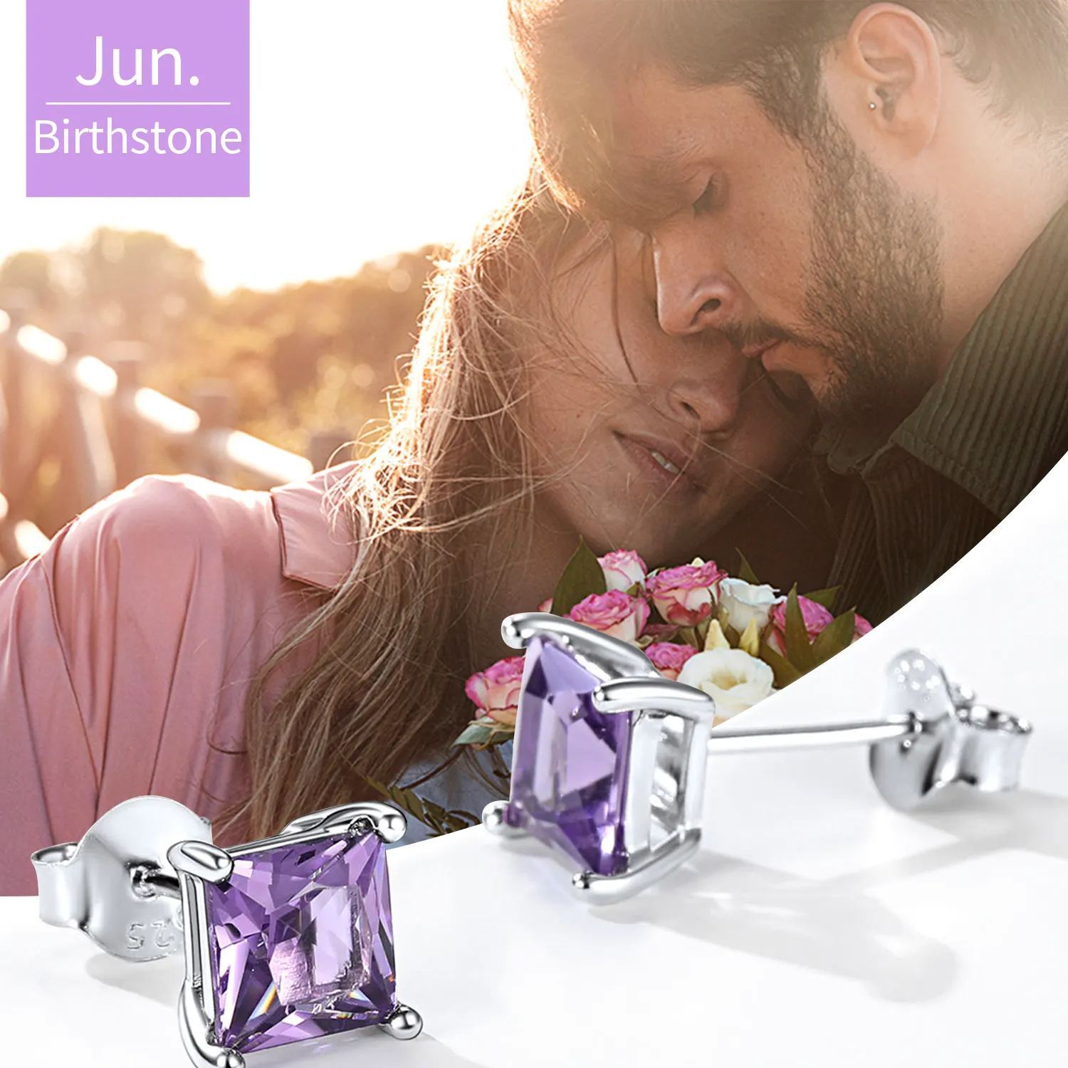 Boucles d'oreilles Carrés en Argent Sterling 925 avec Pierre de Naissance