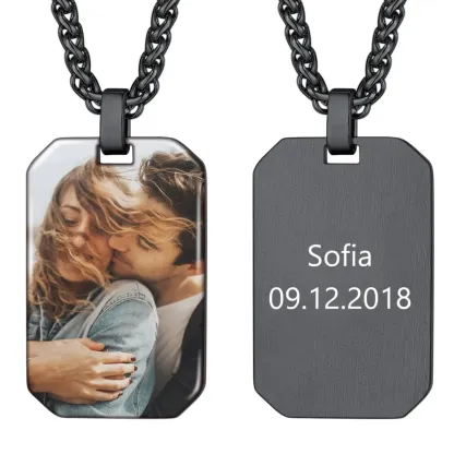 Collier Plaque Militaire Personnalisé avec Photo Gravée pour Hommes et Femmes Noir