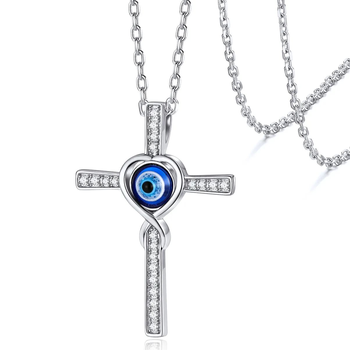 Collier Unisexe en Argent 925 avec Croix Œil d'Horus et Pierre Argenté