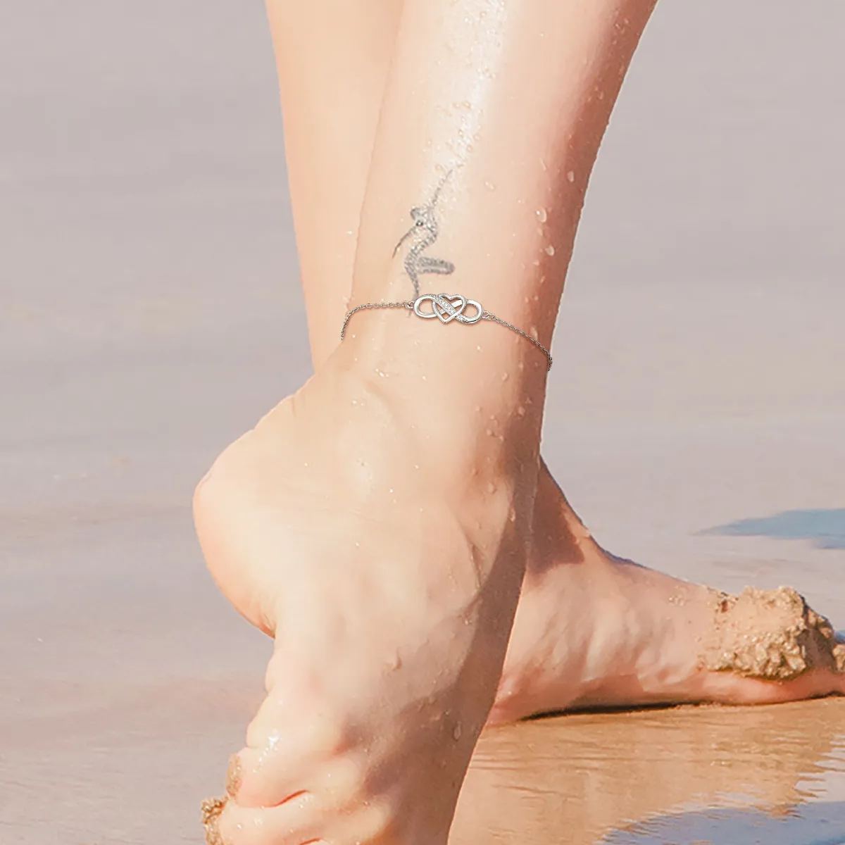 Bracelet de Cheville Cœur Infini en Argent Sterling pour Femme et Fille