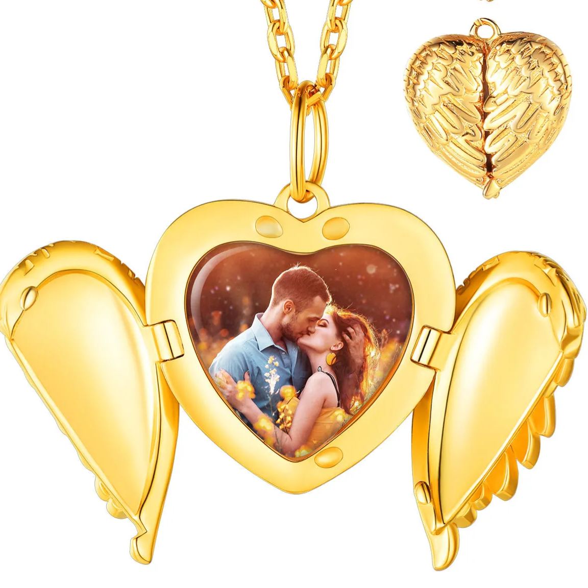 Collier Médaillon Ailes d'Ange avec Photo Personnalisée Or