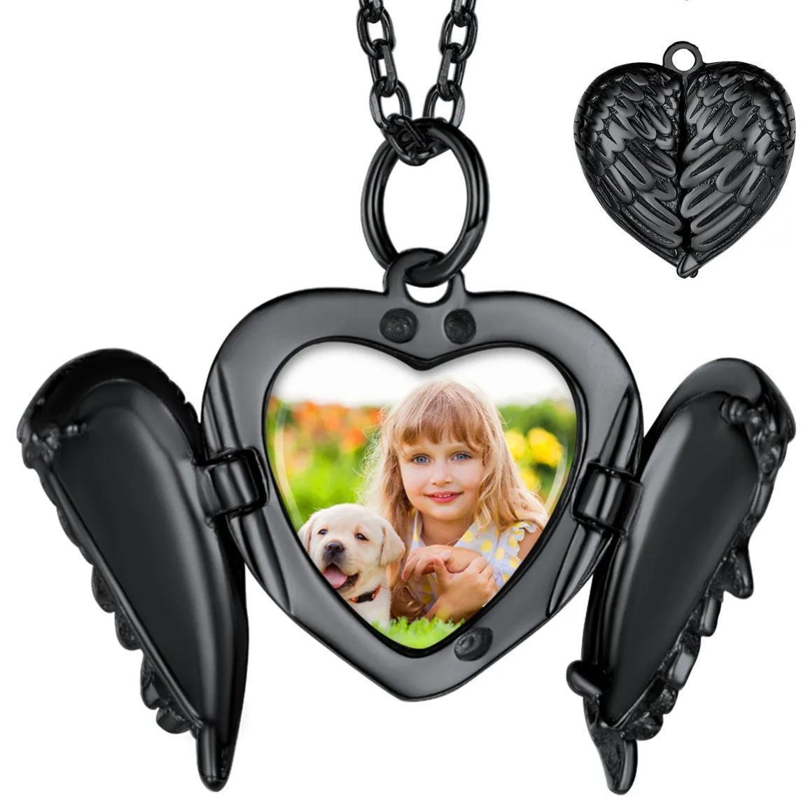 Collier Médaillon Ailes d'Ange avec Photo Personnalisée Noir