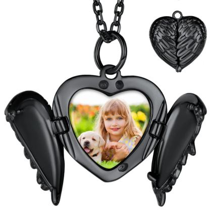 Collier Médaillon Ailes d'Ange avec Photo Personnalisée Noir