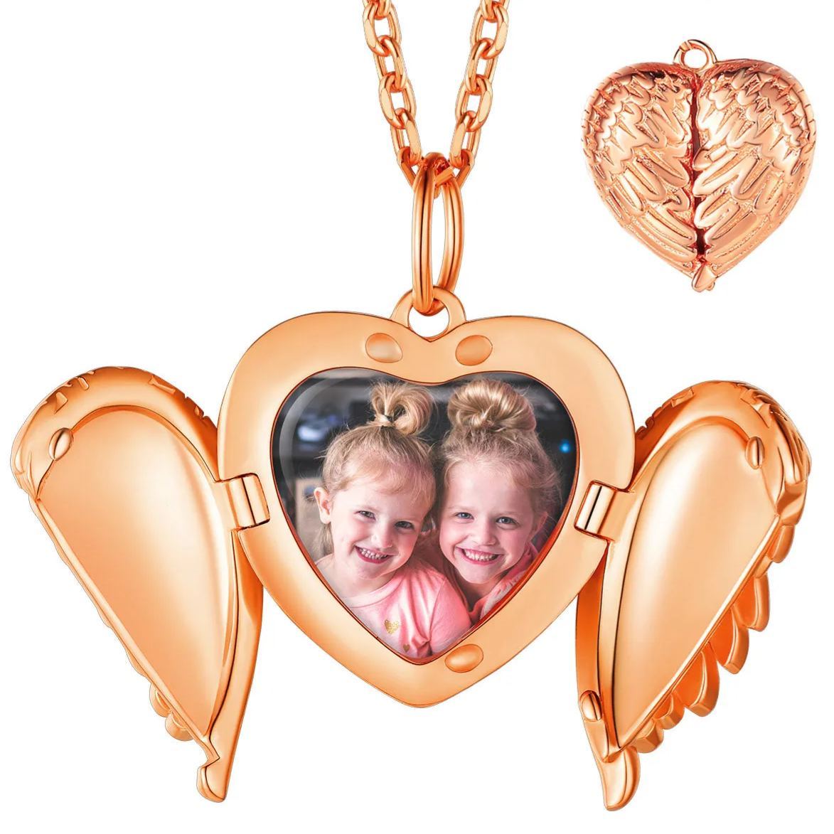 Collier Médaillon Ailes d'Ange avec Photo Personnalisée Or Rose