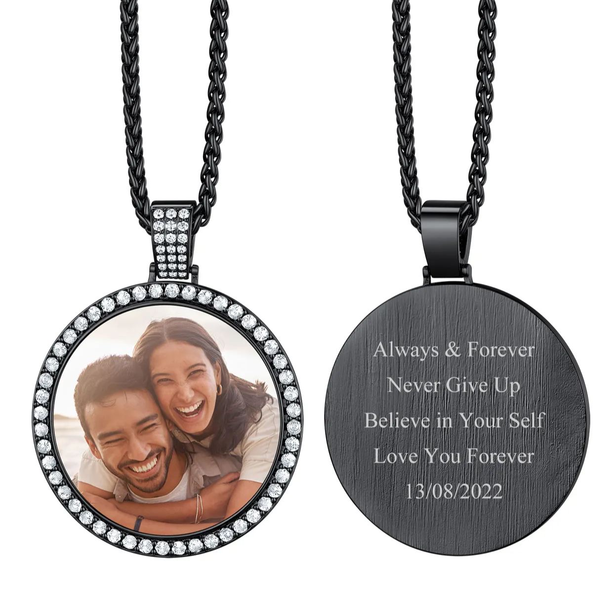 Collier Pendentif Personnalisé avec Photo et Zircon Cubique pour Hommes et Femmes Noir