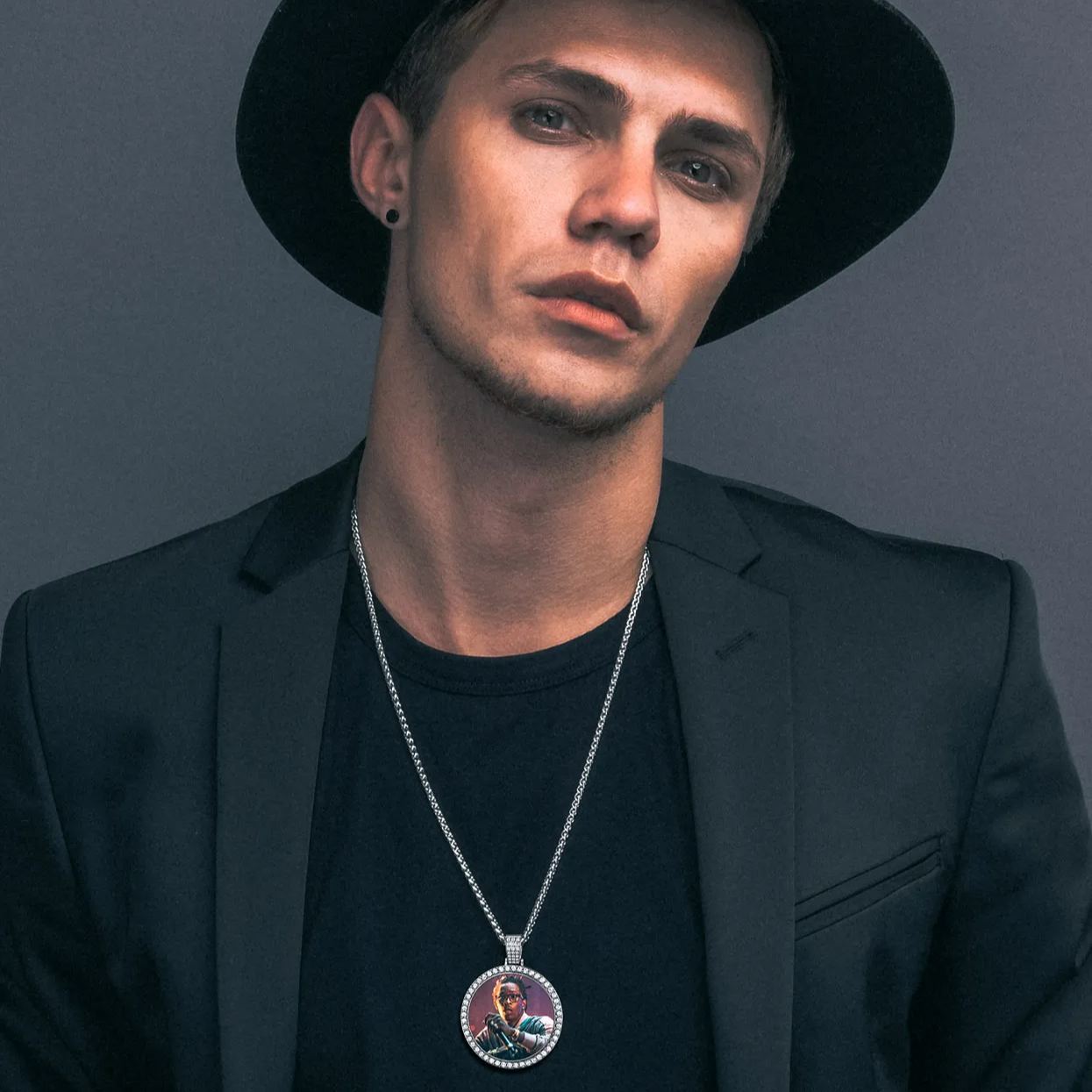Collier Pendentif Personnalisé avec Photo et Zircon Cubique pour Hommes 