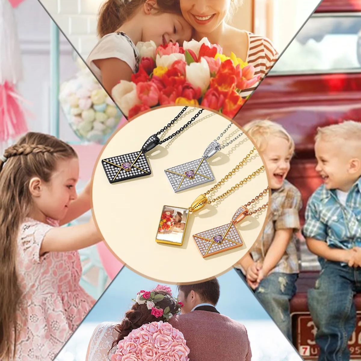 Collier Enveloppe Personnalisé avec Pierre de Naissance pour Femme Cadeau