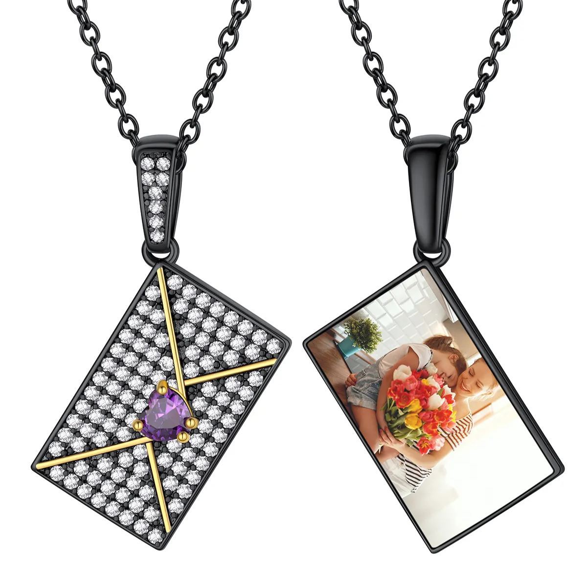 Collier Enveloppe Photo Personnalisé avec Pierre de Naissance pour Femme Noir