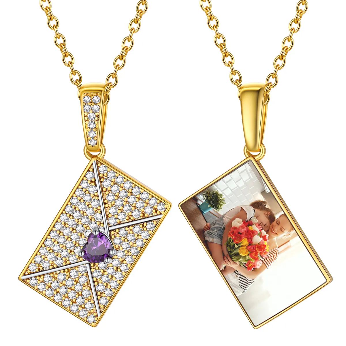 Collier Enveloppe Photo Personnalisé avec Pierre de Naissance pour Femme Or