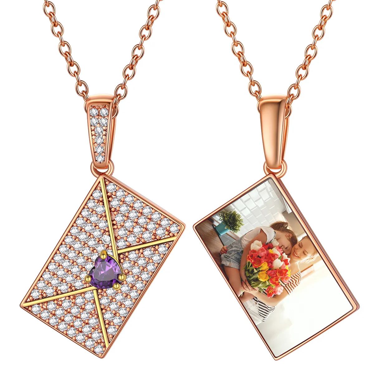 Collier Enveloppe Photo Personnalisé avec Pierre de Naissance pour Femme Or Rose