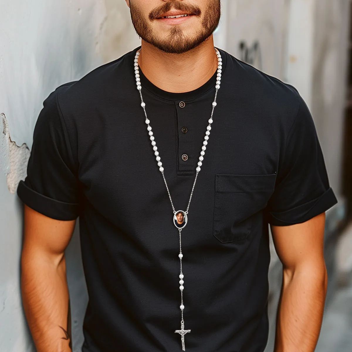 Collier Chapelet Personnalisé avec Croix en Acier Inoxydable pour Homme