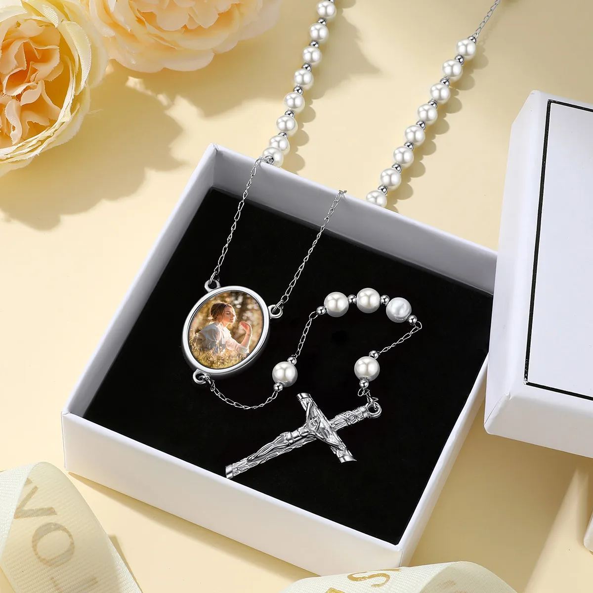 Collier Chapelet Personnalisé avec Croix en Acier Inoxydable Boîte