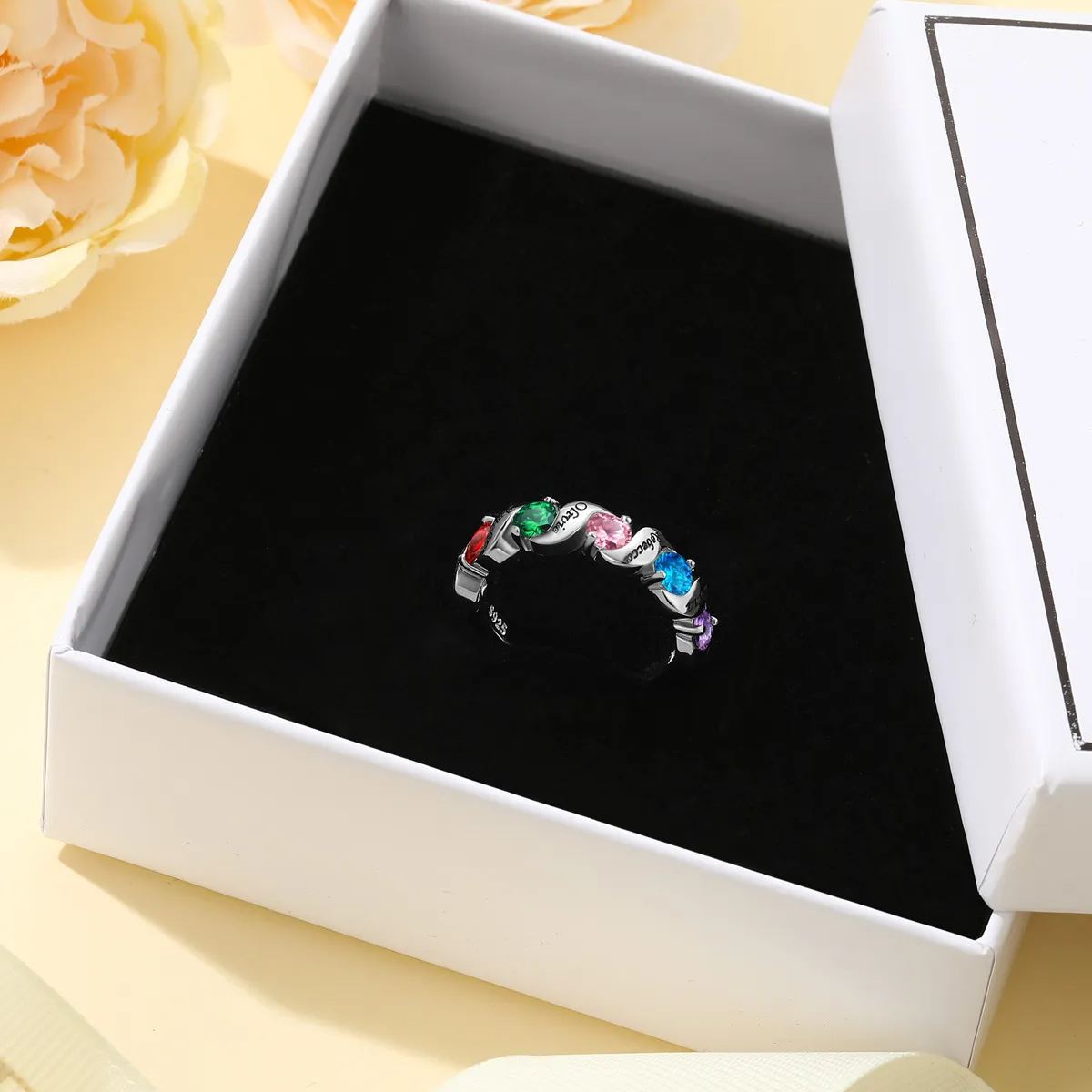 Bague Gravée avec Pierres de Naissance et Prénoms en Argent 925 Cadeau