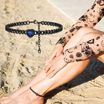 Bracelet de Cheville Cœur Pierre de Naissance pour Femme avec Chaîne Cuban noir