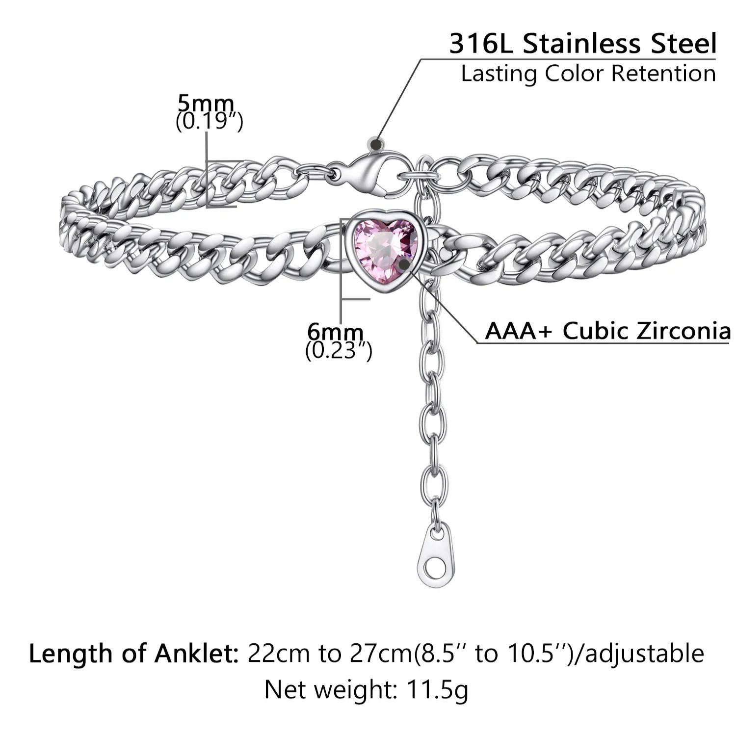 Bracelet de Cheville Cœur Pierre de Naissance pour Femme avec Chaîne Cuban Taille