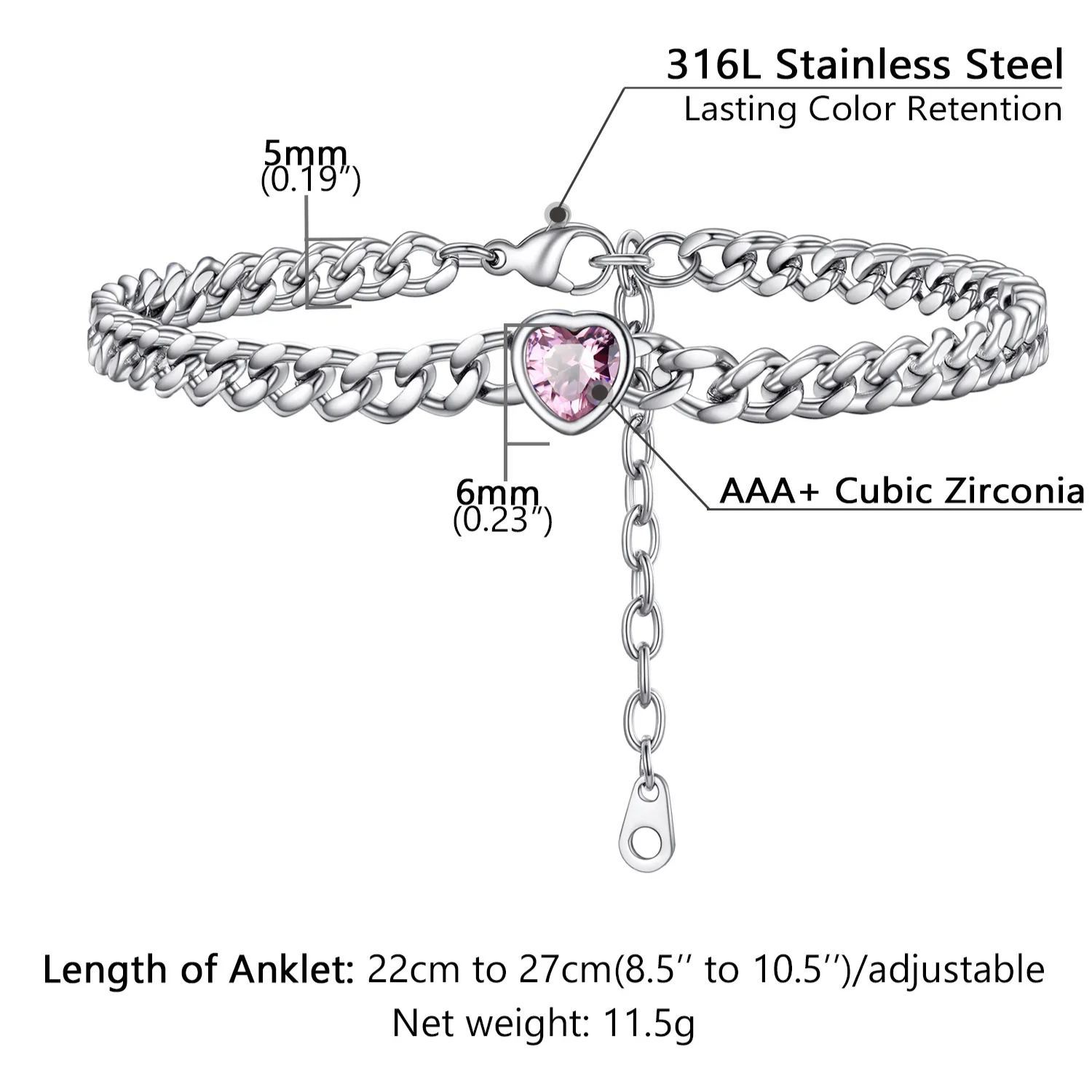 Bracelet de Cheville Cœur Pierre de Naissance pour Femme avec Chaîne Cuban Taille