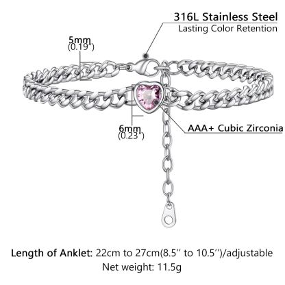 Bracelet de Cheville Cœur Pierre de Naissance pour Femme avec Chaîne Cuban Taille
