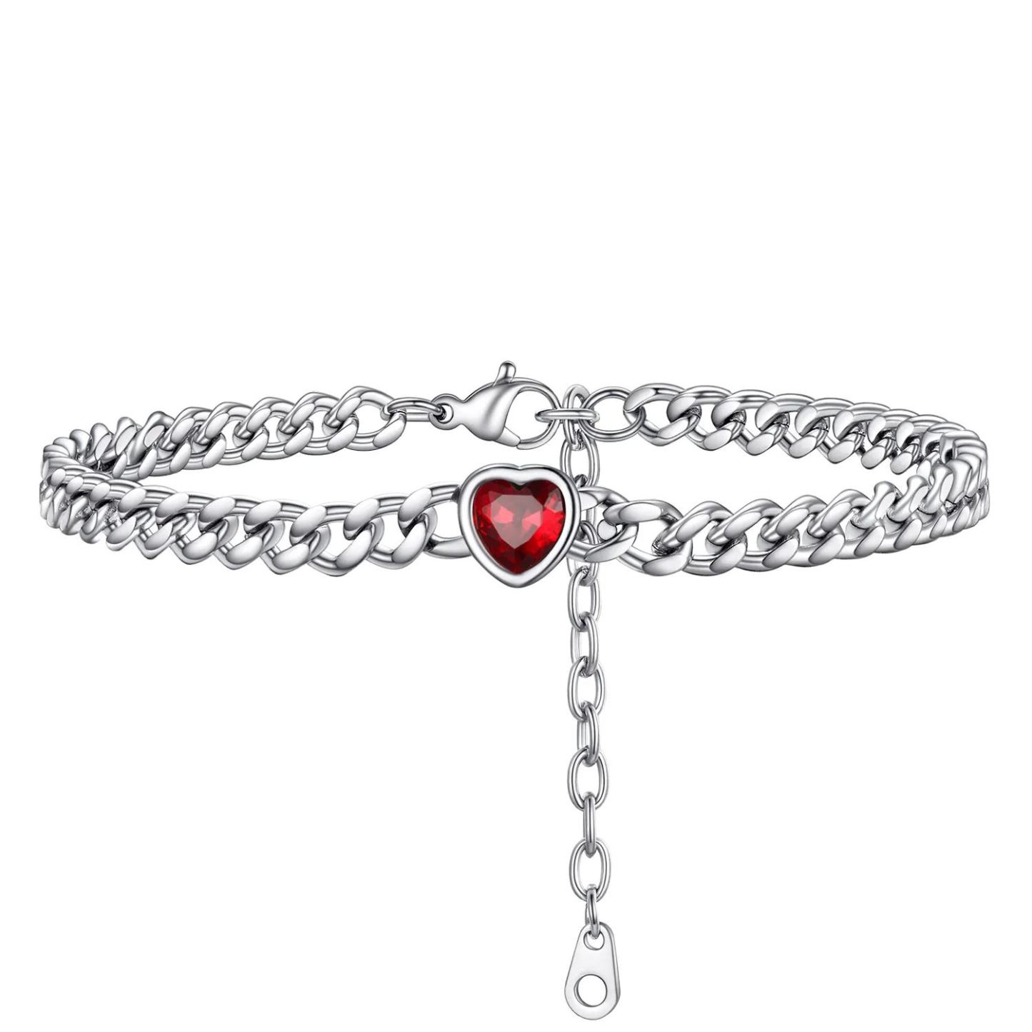 Bracelet de Cheville Cœur Pierre de Naissance pour Femme avec Chaîne Cuban Argenté