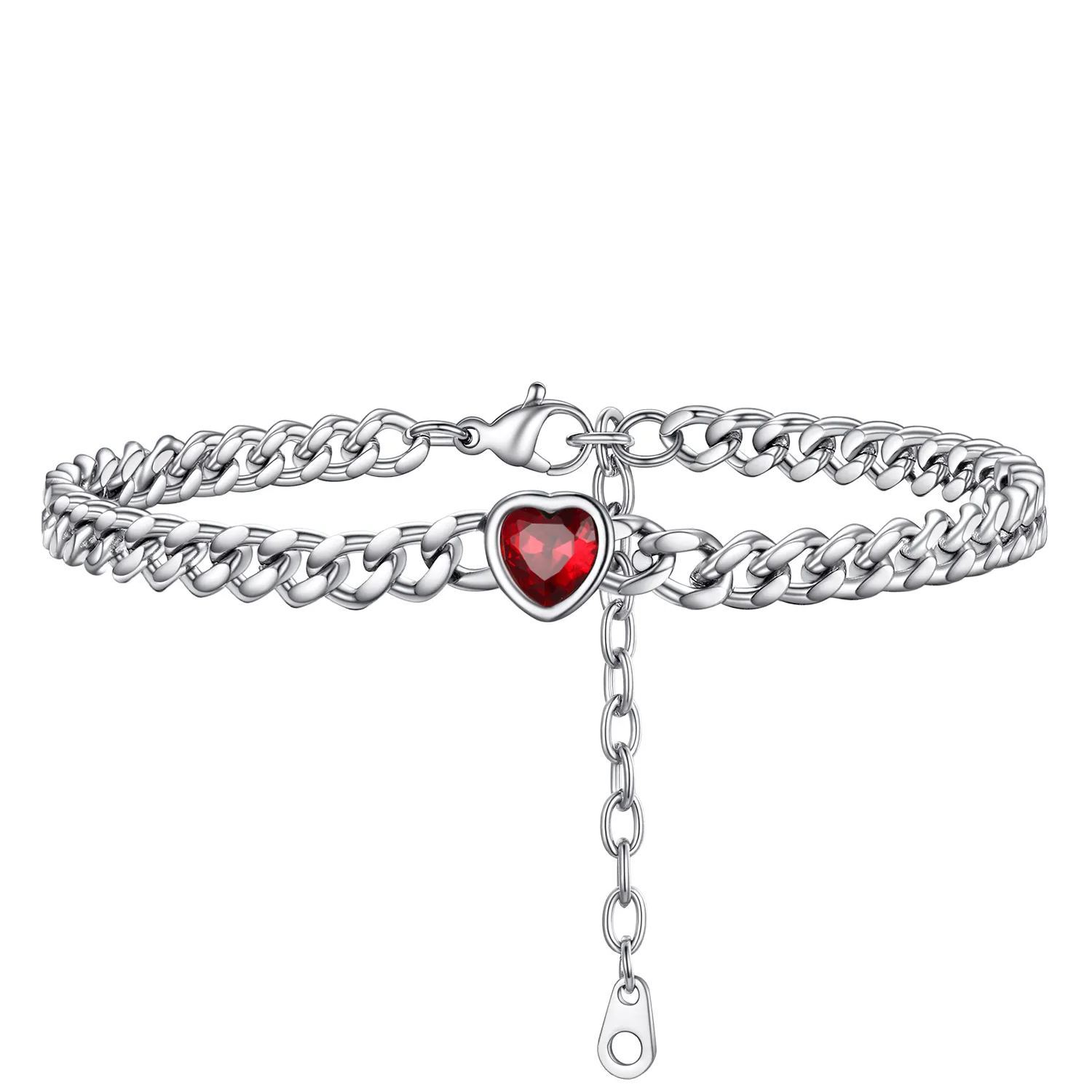 Bracelet de Cheville Cœur Pierre de Naissance pour Femme avec Chaîne Cuban Argenté