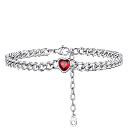 Bracelet de Cheville Cœur Pierre de Naissance pour Femme avec Chaîne Cuban Argenté