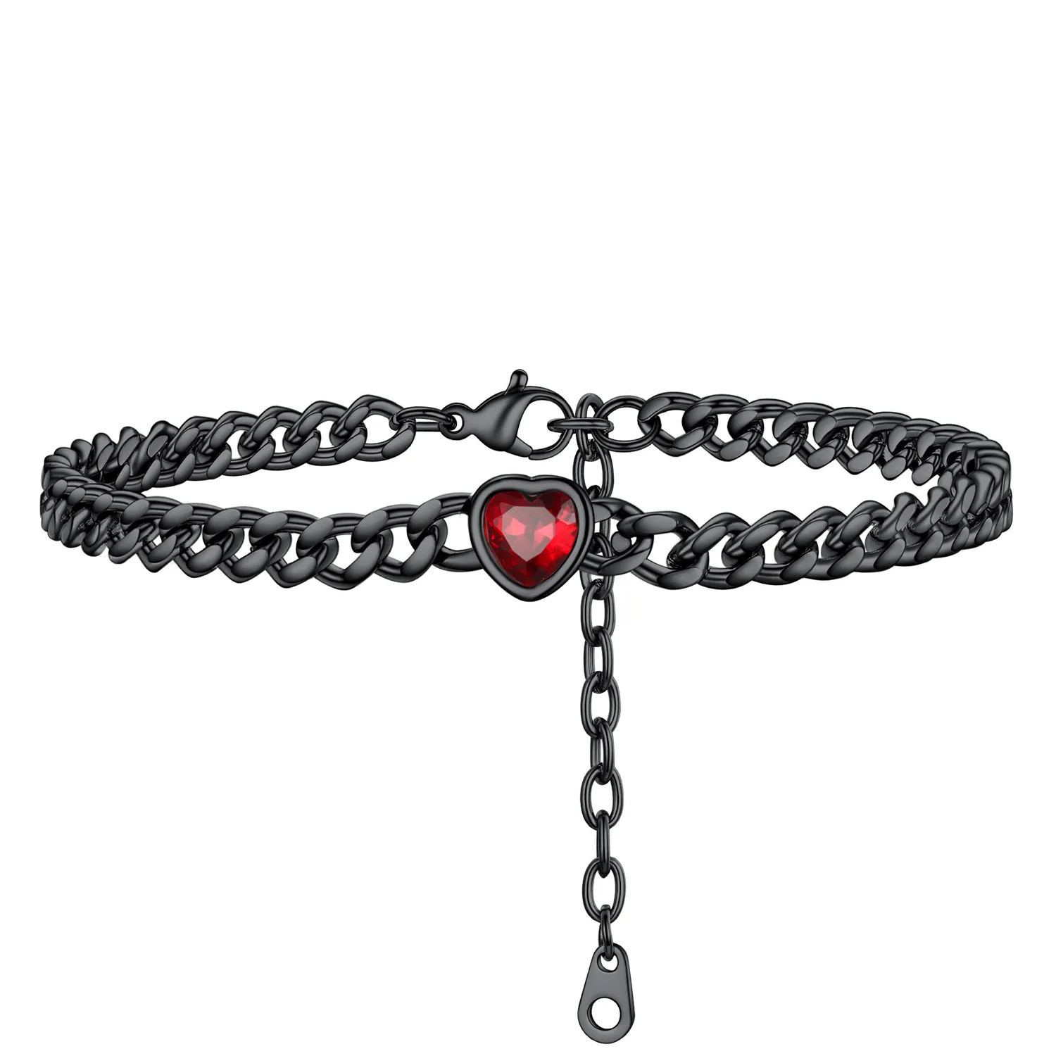 Bracelet de Cheville Cœur Pierre de Naissance pour Femme avec Chaîne Cuban noir