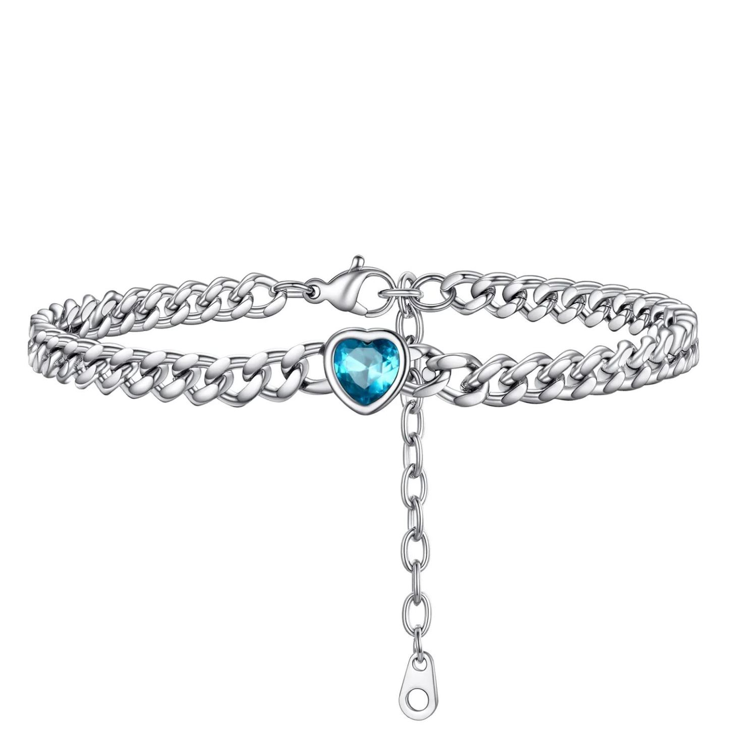 Bracelet de Cheville Cœur Pierre de Naissance pour Femme avec Chaîne Cuban