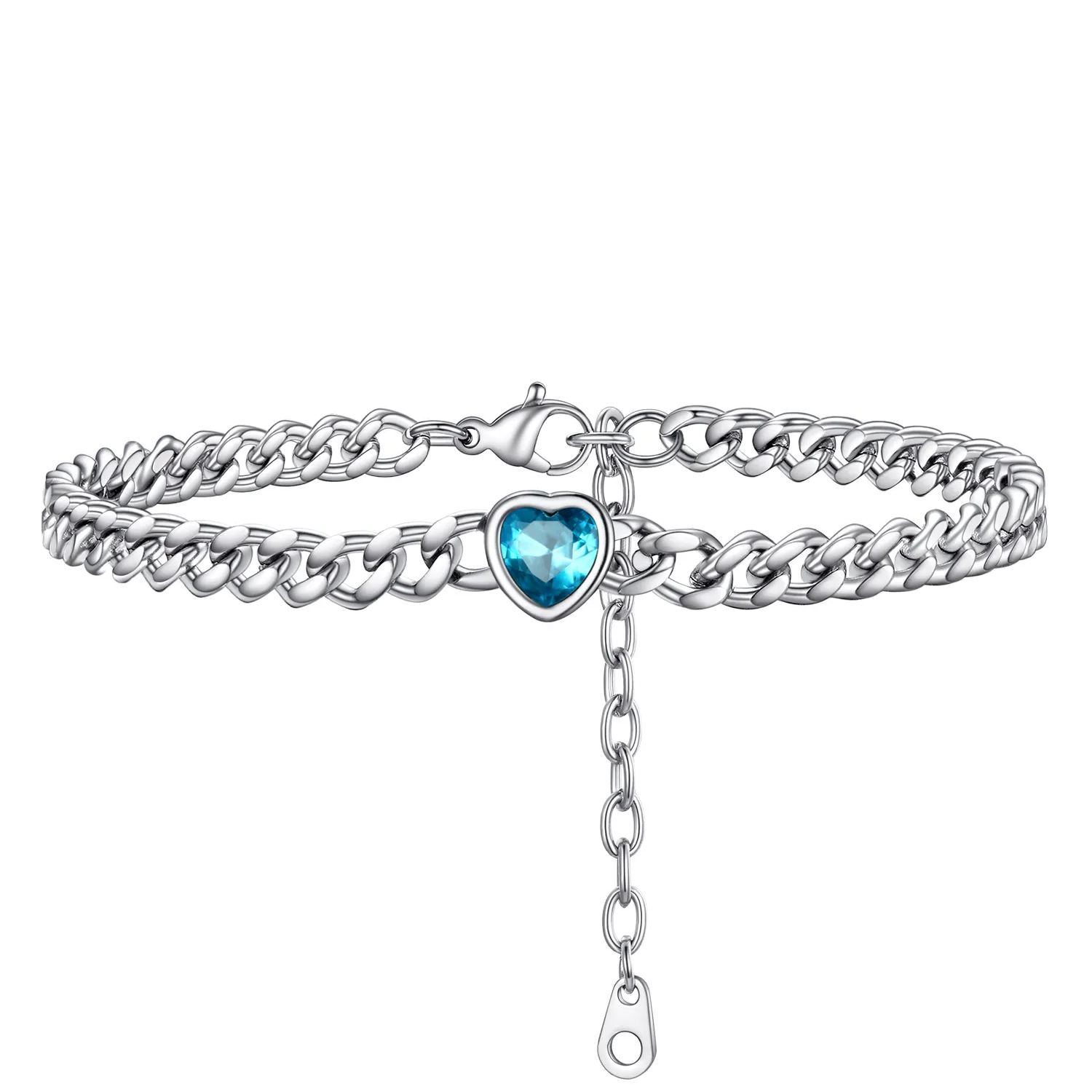 Bracelet de Cheville Cœur Pierre de Naissance pour Femme avec Chaîne Cuban