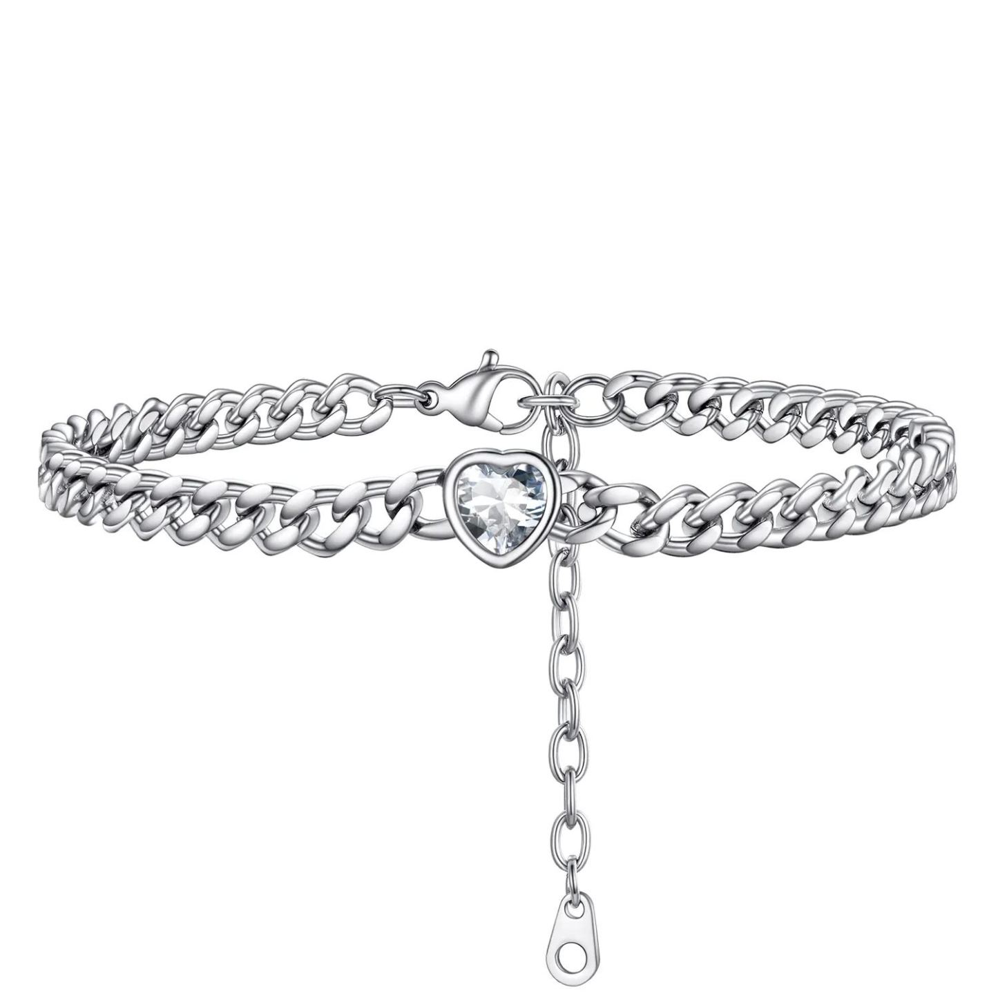 Bracelet de Cheville Cœur Pierre de Naissance pour Femme avec Chaîne Cuban