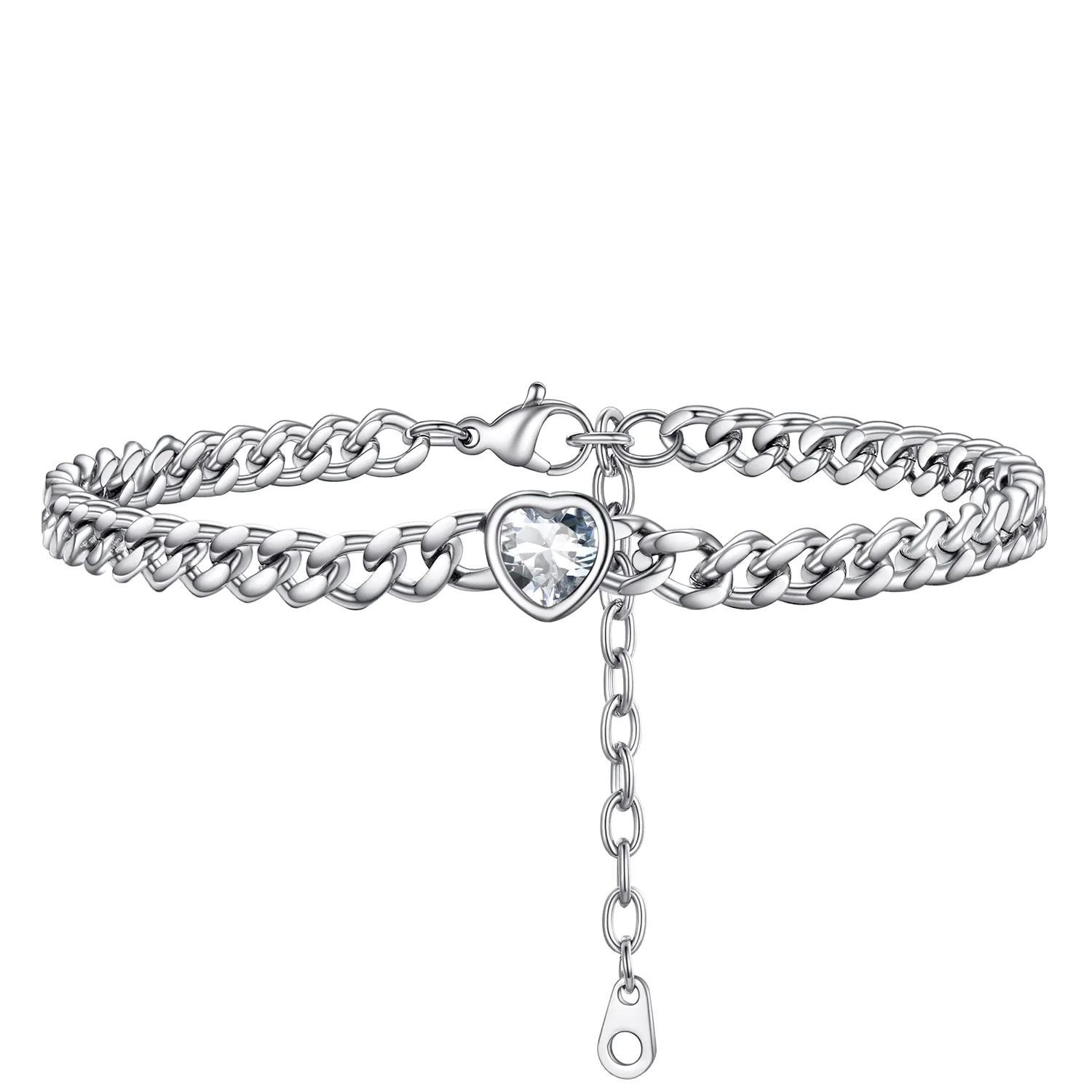 Bracelet de Cheville Cœur Pierre de Naissance pour Femme avec Chaîne Cuban