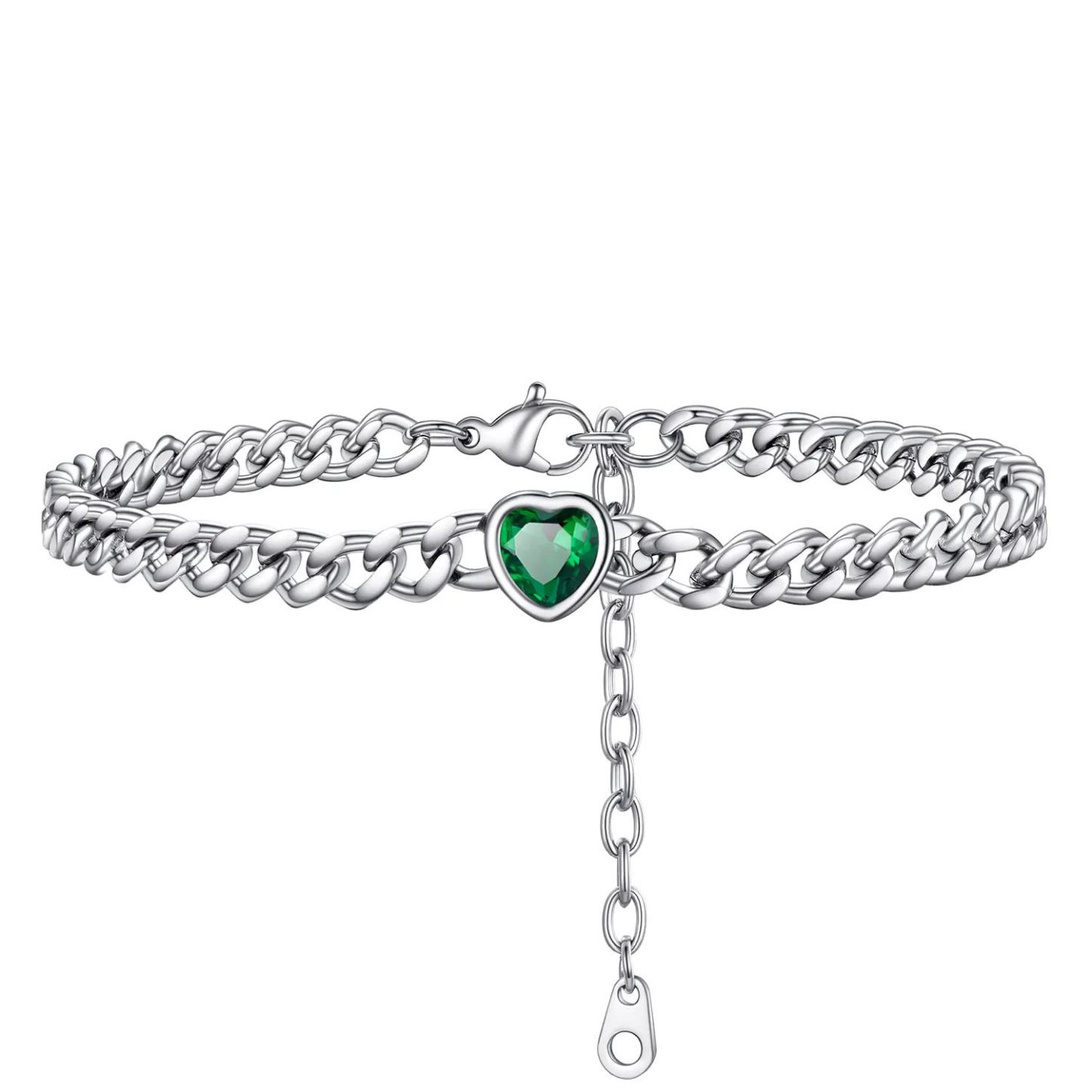 Bracelet de Cheville Cœur Pierre de Naissance pour Femme avec Chaîne Cuban