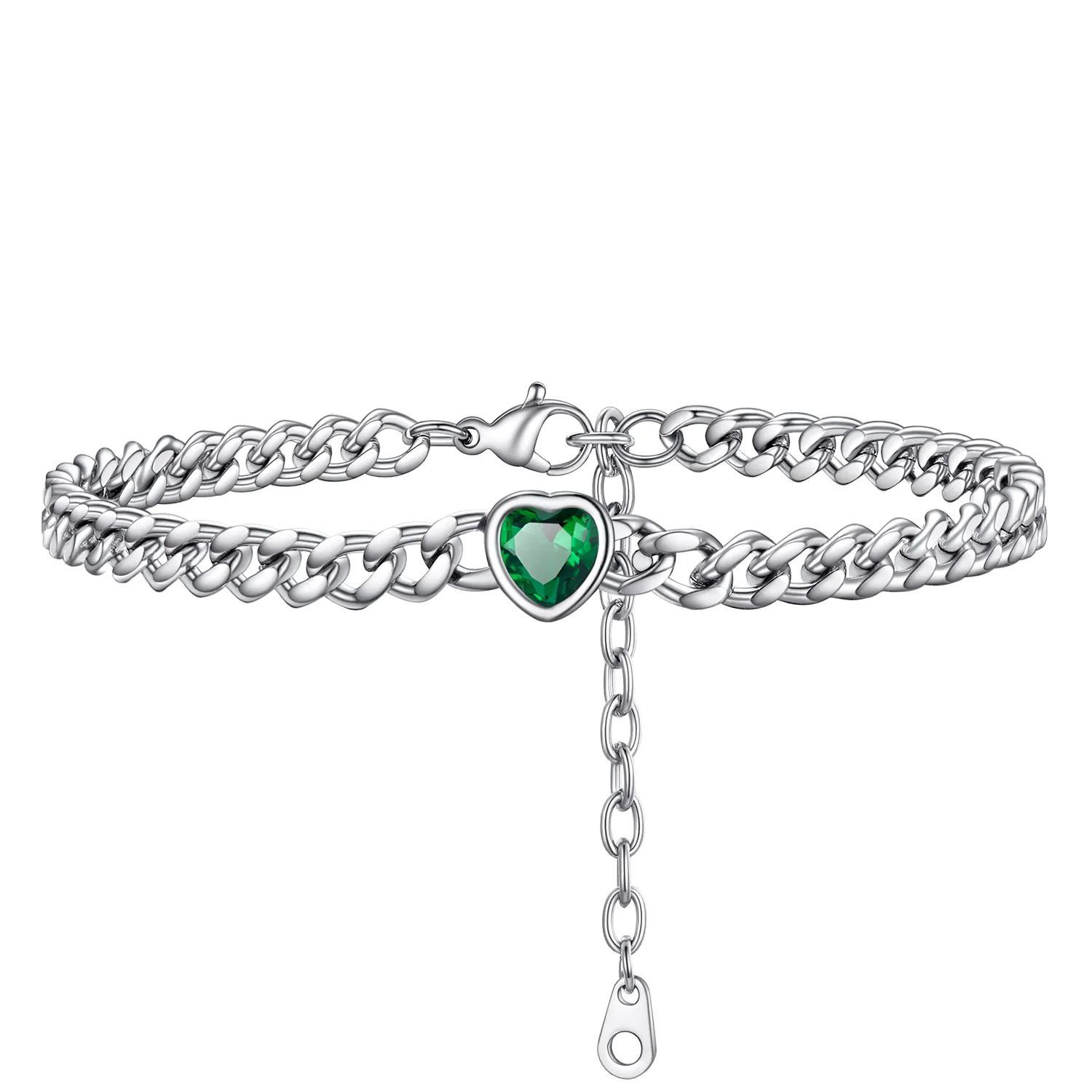 Bracelet de Cheville Cœur Pierre de Naissance pour Femme avec Chaîne Cuban