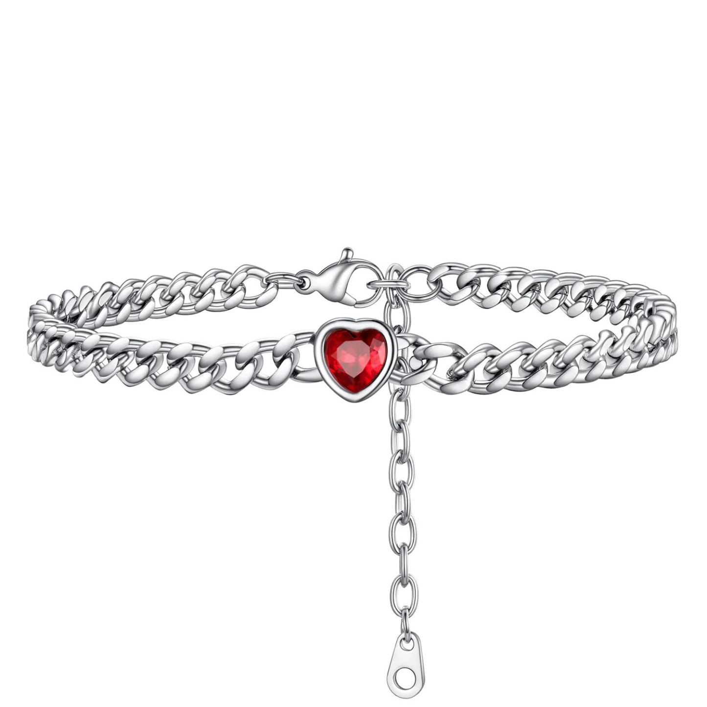 Bracelet de Cheville Cœur Pierre de Naissance pour Femme avec Chaîne Cuban