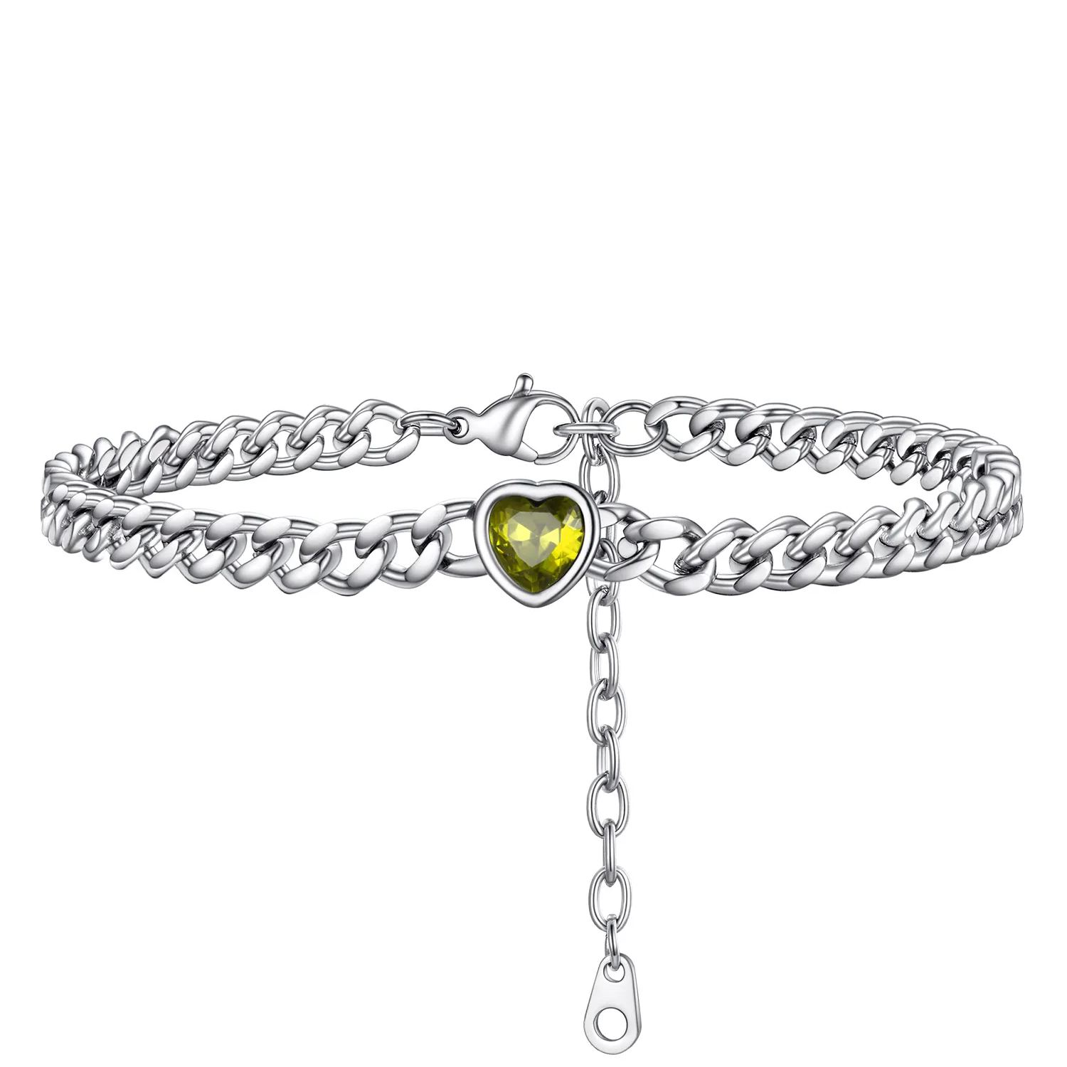 Bracelet de Cheville Cœur Pierre de Naissance pour Femme avec Chaîne Cuban